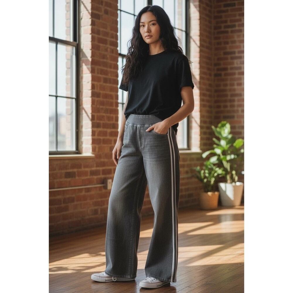 Halara Flex High Waisted Stripe Wide Leg Jeans Cool Grey Denim XL
